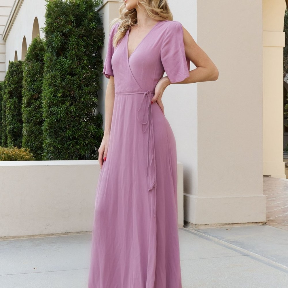 Zenana Split Sleeve Surplice Tie Waist Dress